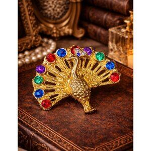 Vintage 1980s Peacock Rhinestone Brooch Gold Tone Multicolor Statement Pin
